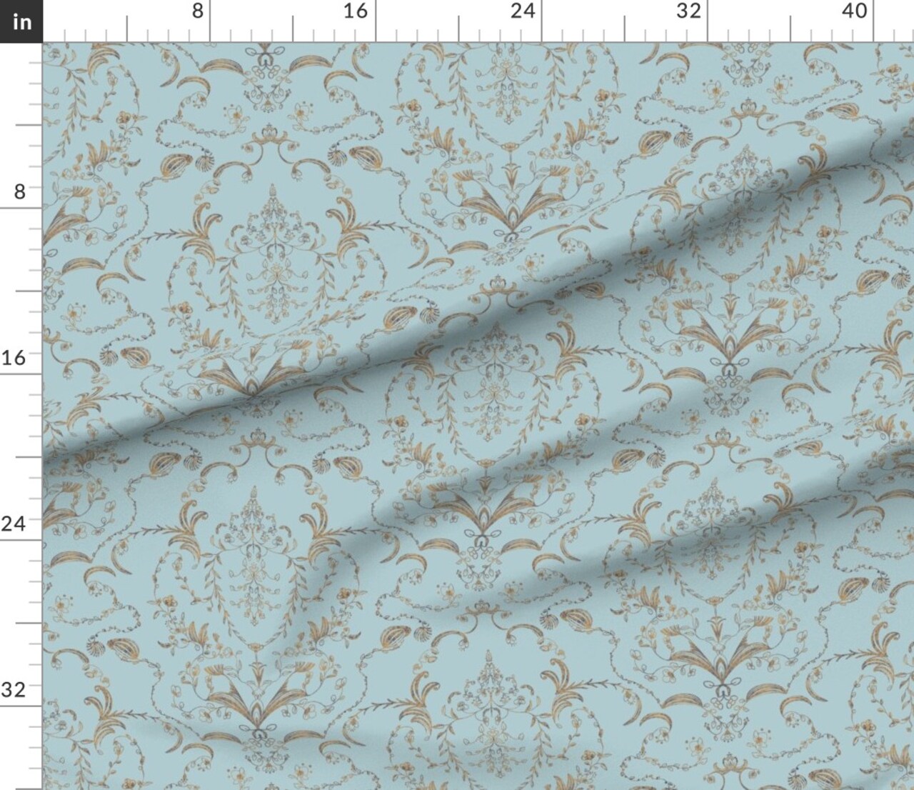 Blue Renaissance Gold Floral Damask Intricate Historic Art Nouveau Custom Printed Fabric by Spoonflower Various Fabrics by the Yard or Fat Quarter
